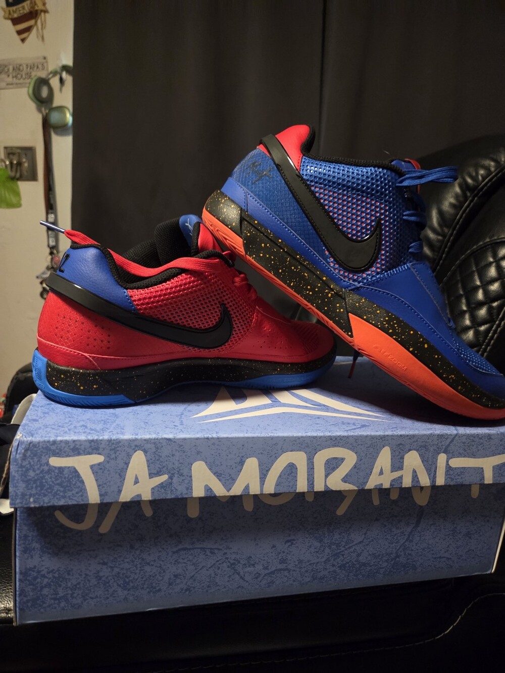 Nike Red and Blue Men's Athletic Sneakers with Black Swoosh and Orange Accents
